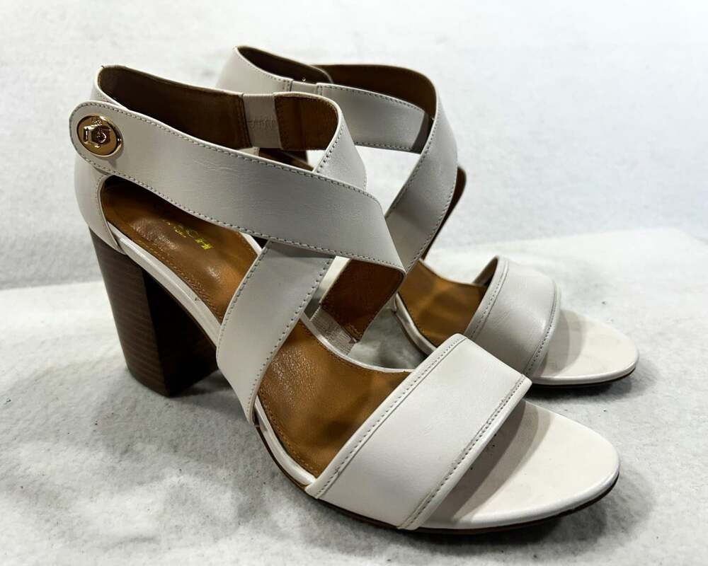 Coach Lauraine A9332 Chalk White Leather Block Heel Sandals Women's 8.5 M Box